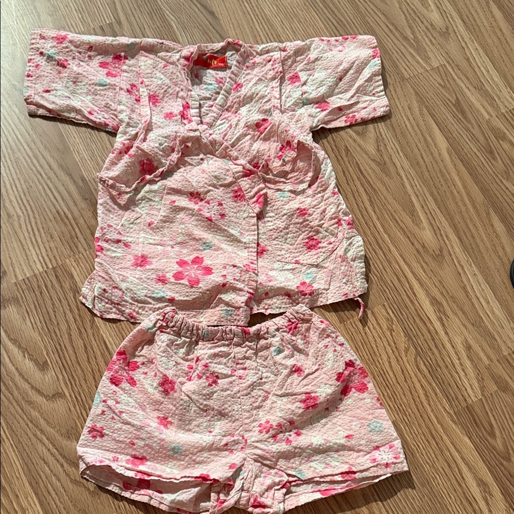 Japanese Sakura Yakuta Pink Floral Two-Piece Pajama Set